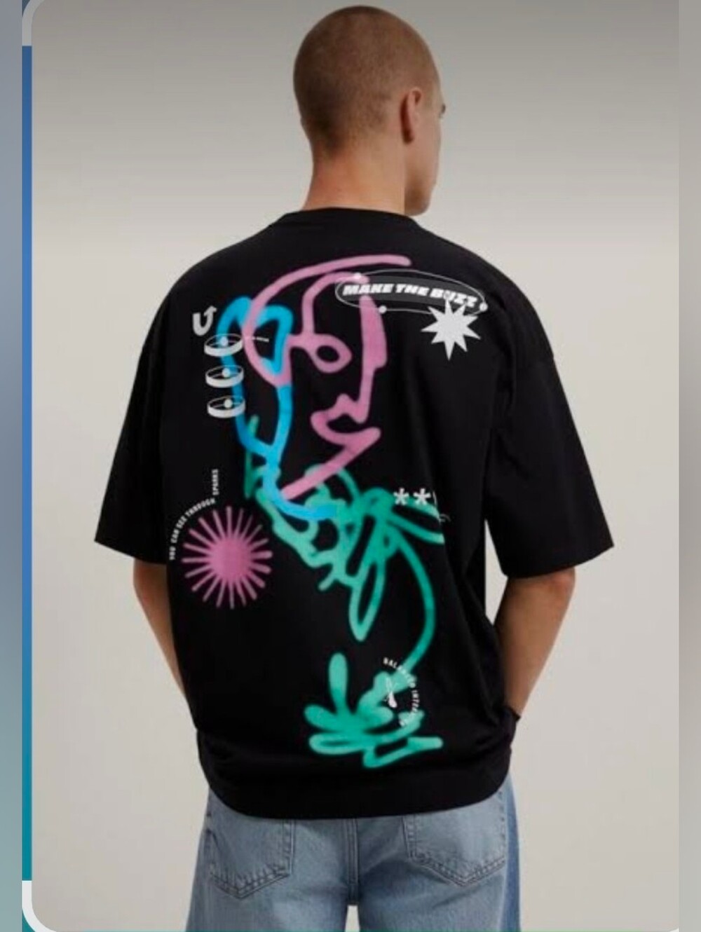 Zara Black Graphic Tee with Neon Spray-painted Abstract Graphic Size M